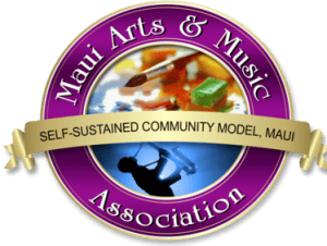 Colorful Maui Arts & Music Association logo featuring artistic paintbrushes and a musician silhouette.