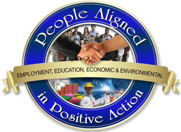 People aligned in positive action logo with handshake and diverse group of professionals.